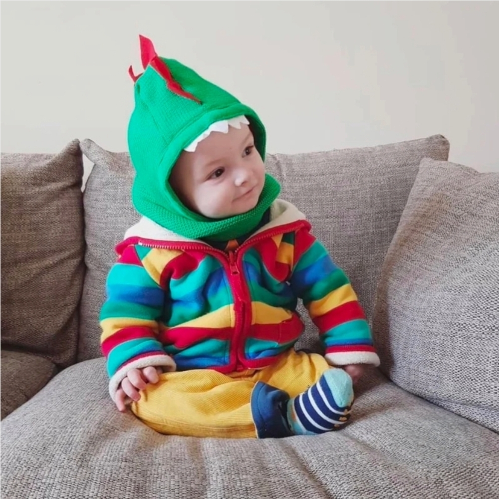 Zoocchini Devin The Dinosaur Green And Red Knit Hat Balaclava 12-24m